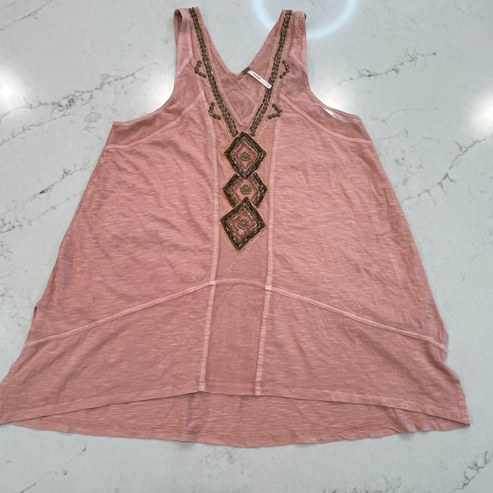 Free People Focus on Center Beaded Tank Womens Small Pink Cotton Boho Top